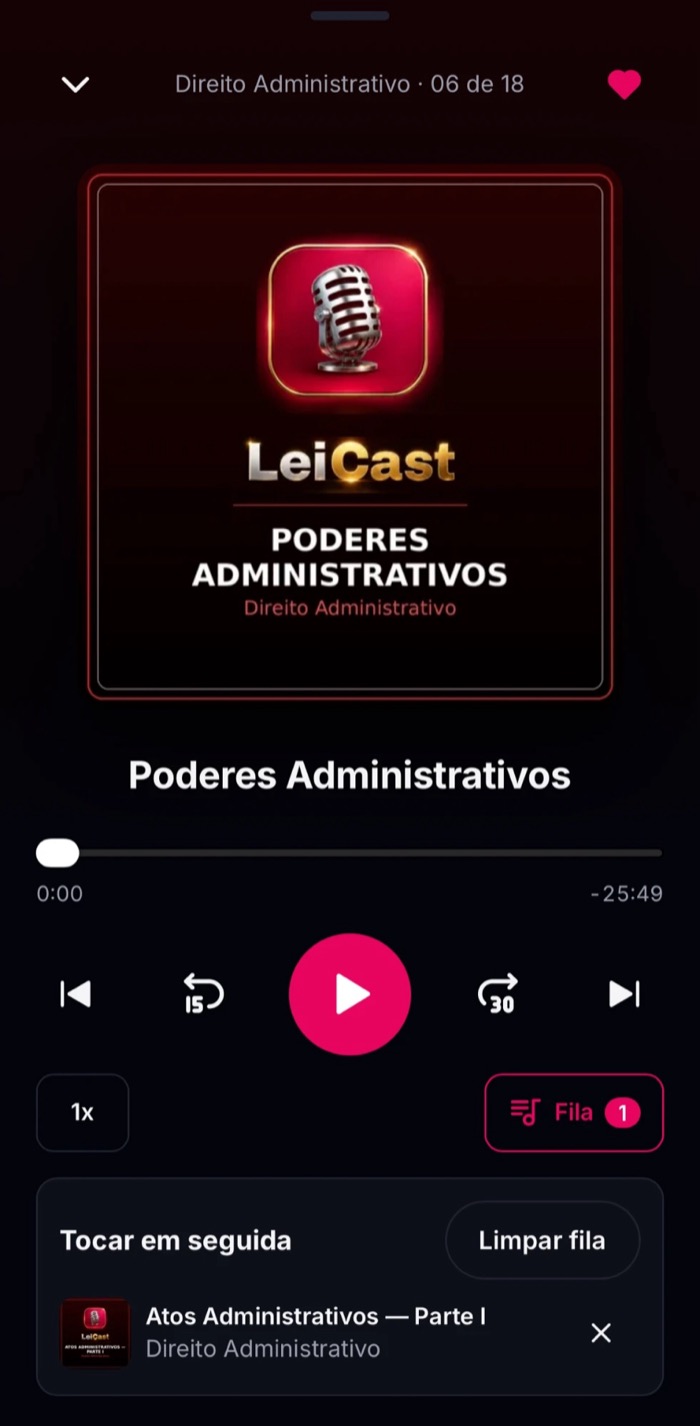 App LeiCast tocando a aula Poderes Administrativos