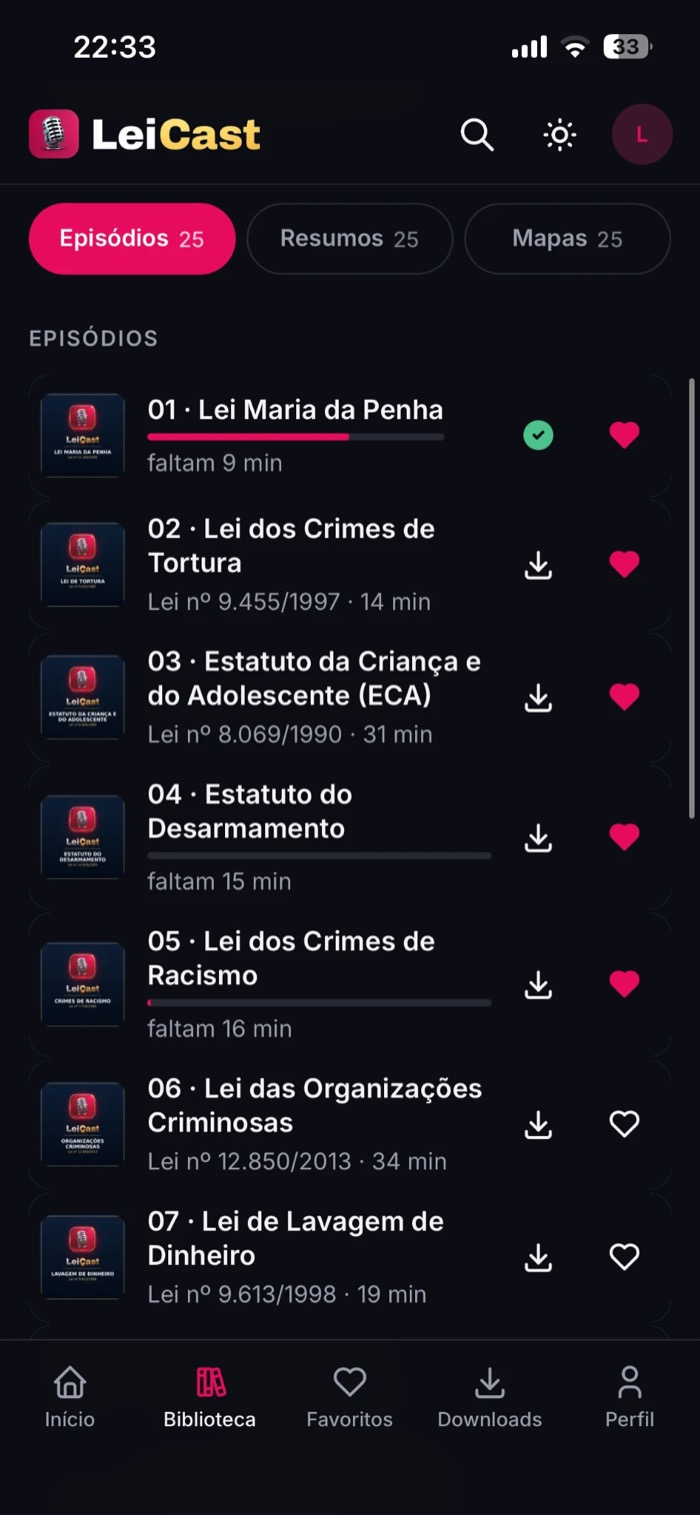 Lista de aulas das 25 Leis no app, com progresso e download