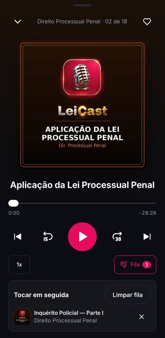 App LeiCast tocando a aula Aplicação da Lei Processual Penal