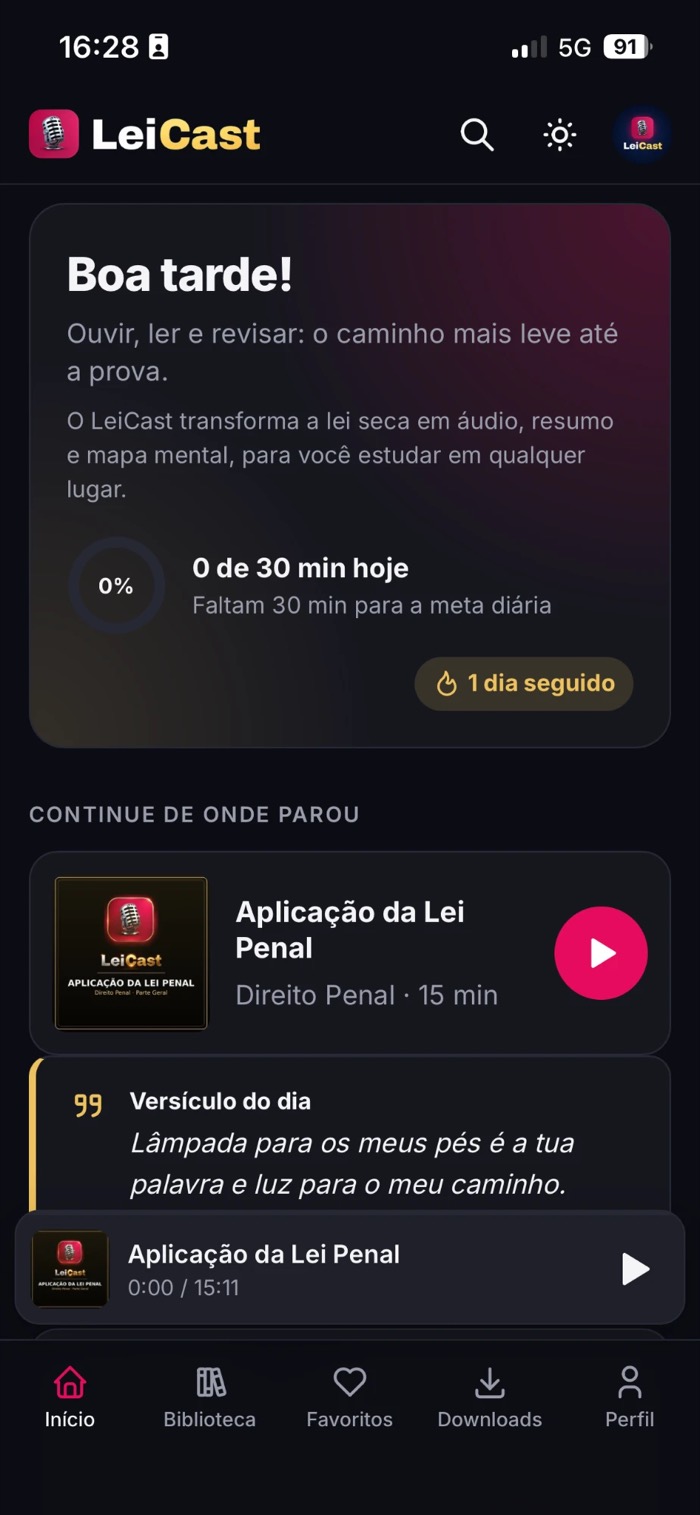Tela inicial do app LeiCast com meta diária e dias seguidos