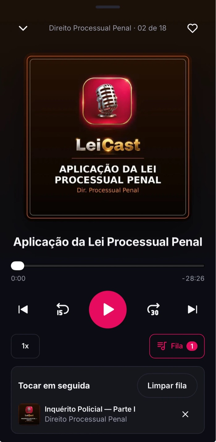 Player do app LeiCast com fila de reprodução