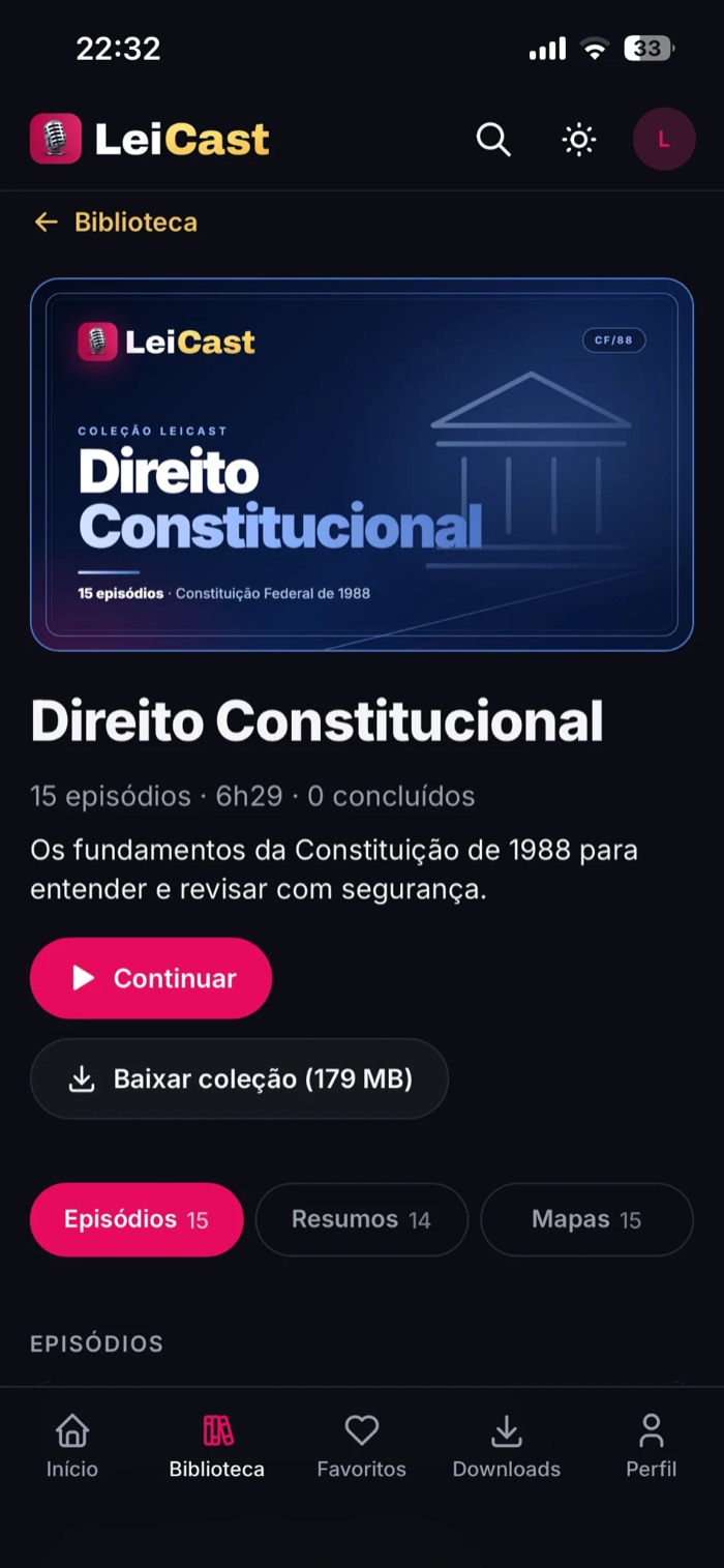 Coleção de Direito Constitucional no app, com botão de baixar coleção