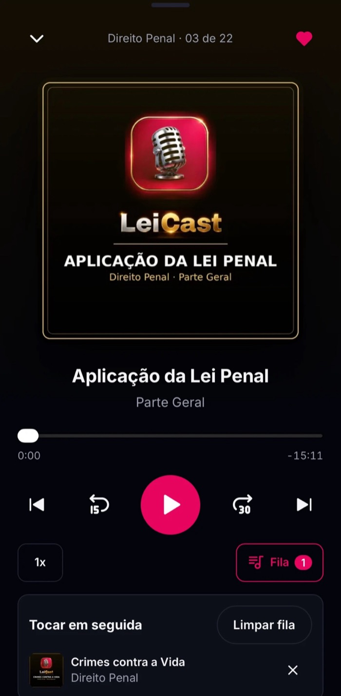 App LeiCast tocando a aula Aplicação da Lei Penal