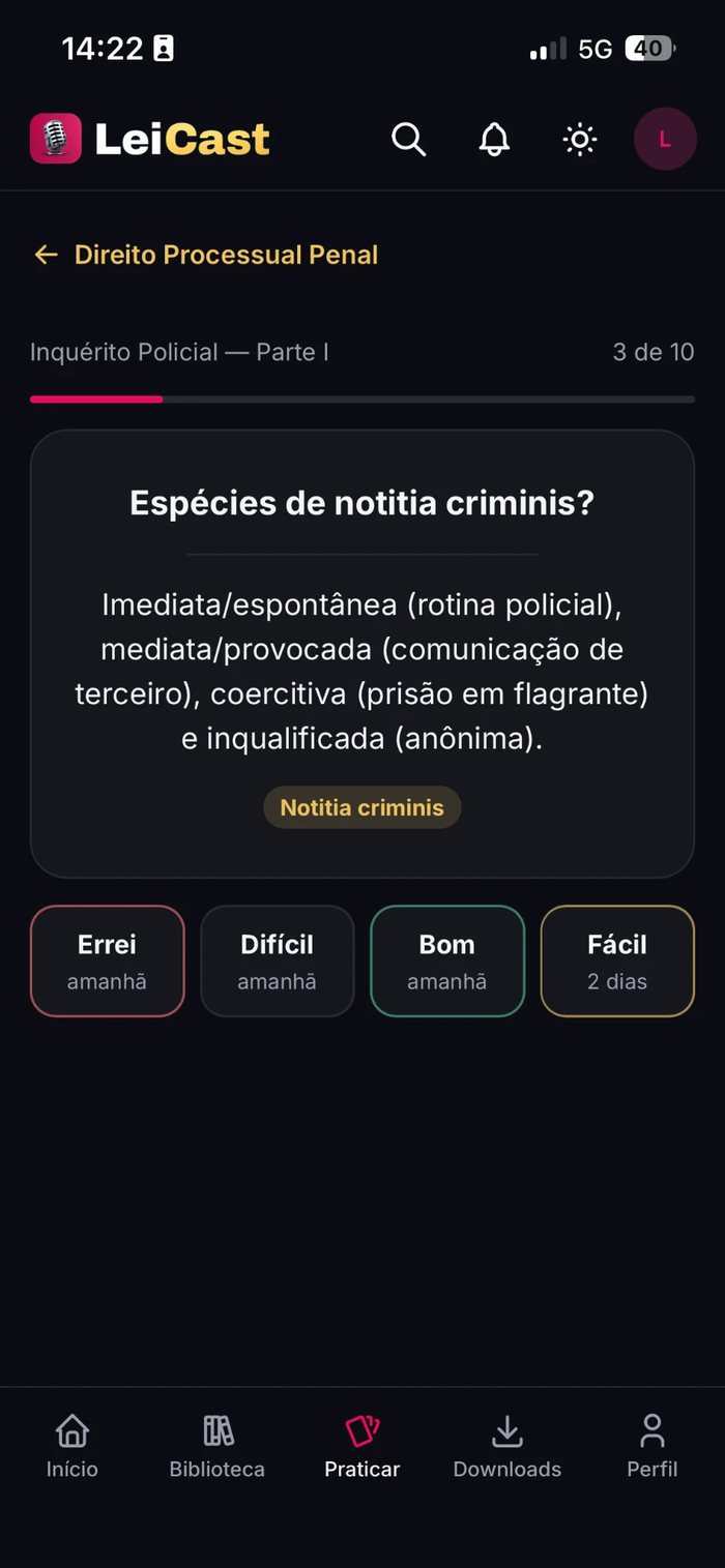 Flashcard de Processual Penal com botões Errei, Difícil, Bom e Fácil