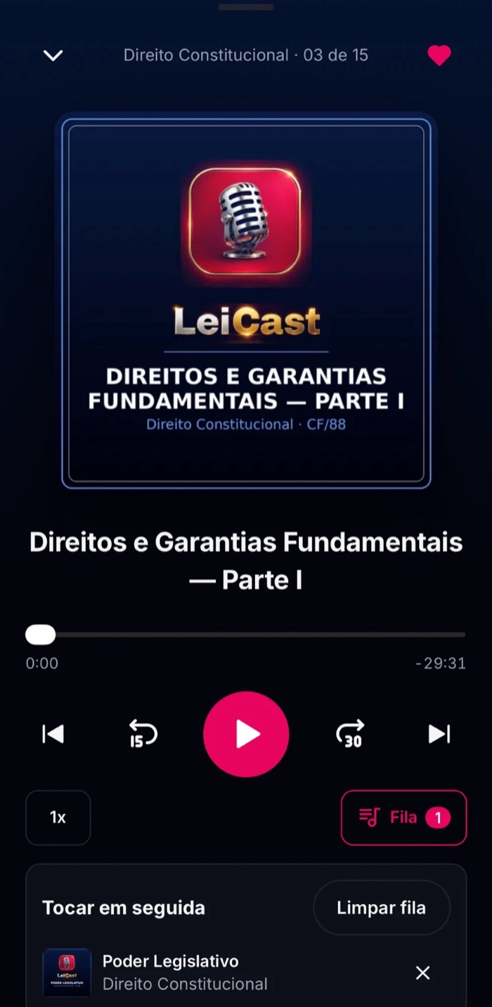 App LeiCast tocando a aula Direitos e Garantias Fundamentais — Parte I